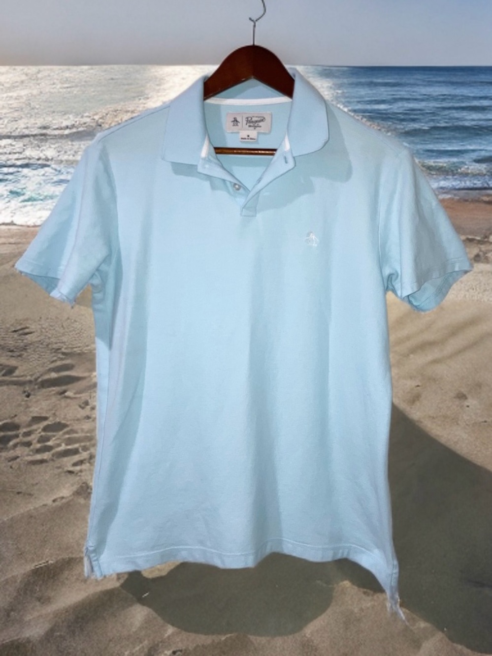 Original Penguin Mens M Light Blue 100% Cotton Short Sleeve Polo Logo Golf